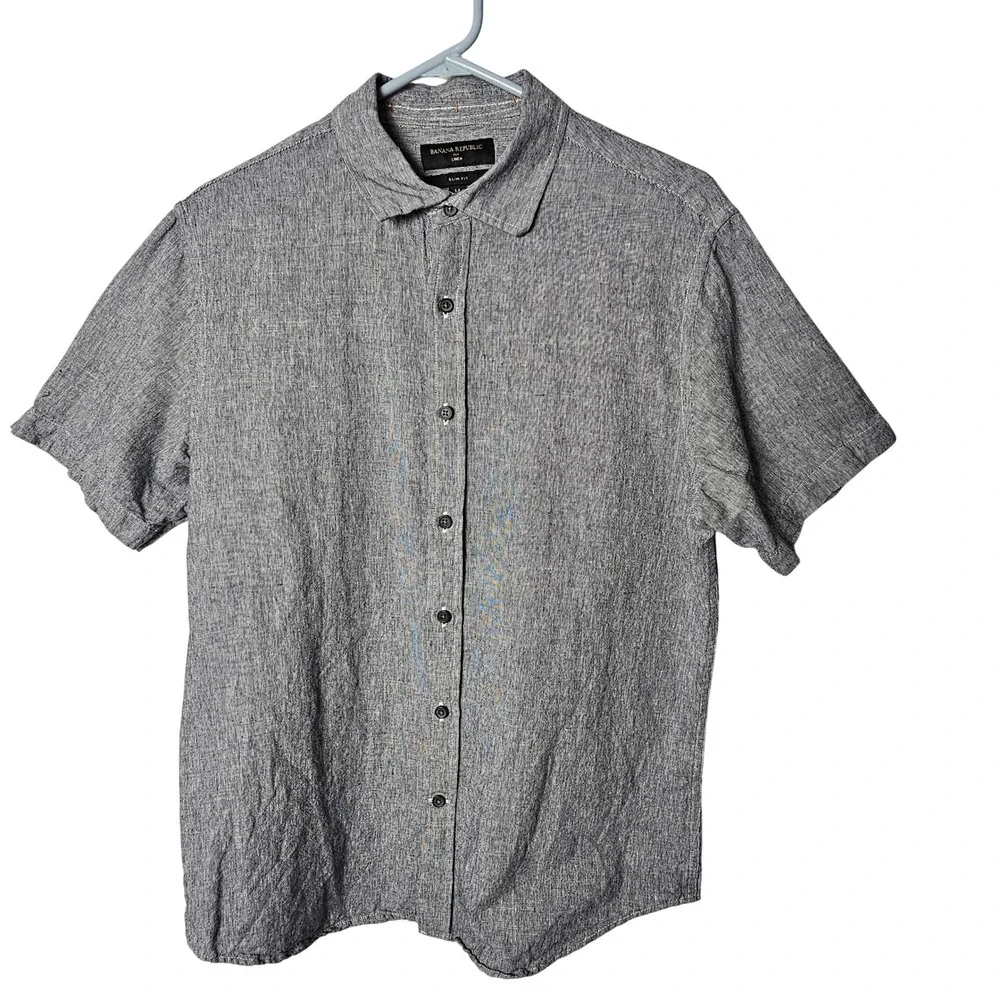 Banana Republic Mens Slim Fit Linen Cotton Shirt M Blue White Stripe Coastal
